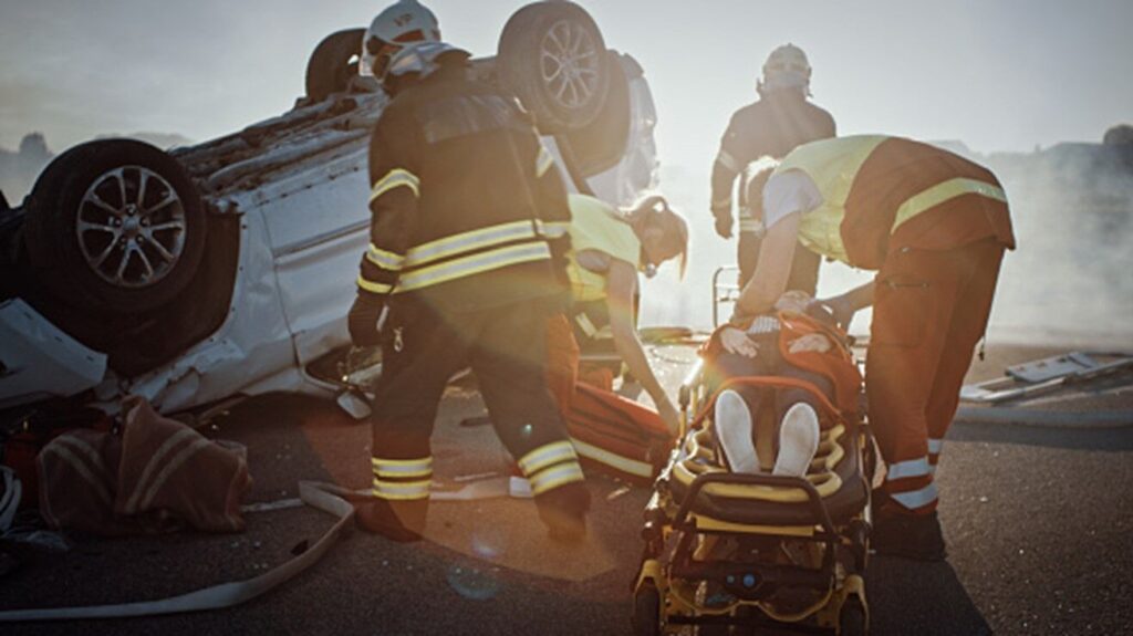 Paramedics are working on an accident scene in Las Vegas, NV