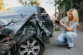 A women is taking pictures of an accident hit car in Las Vegas, NV