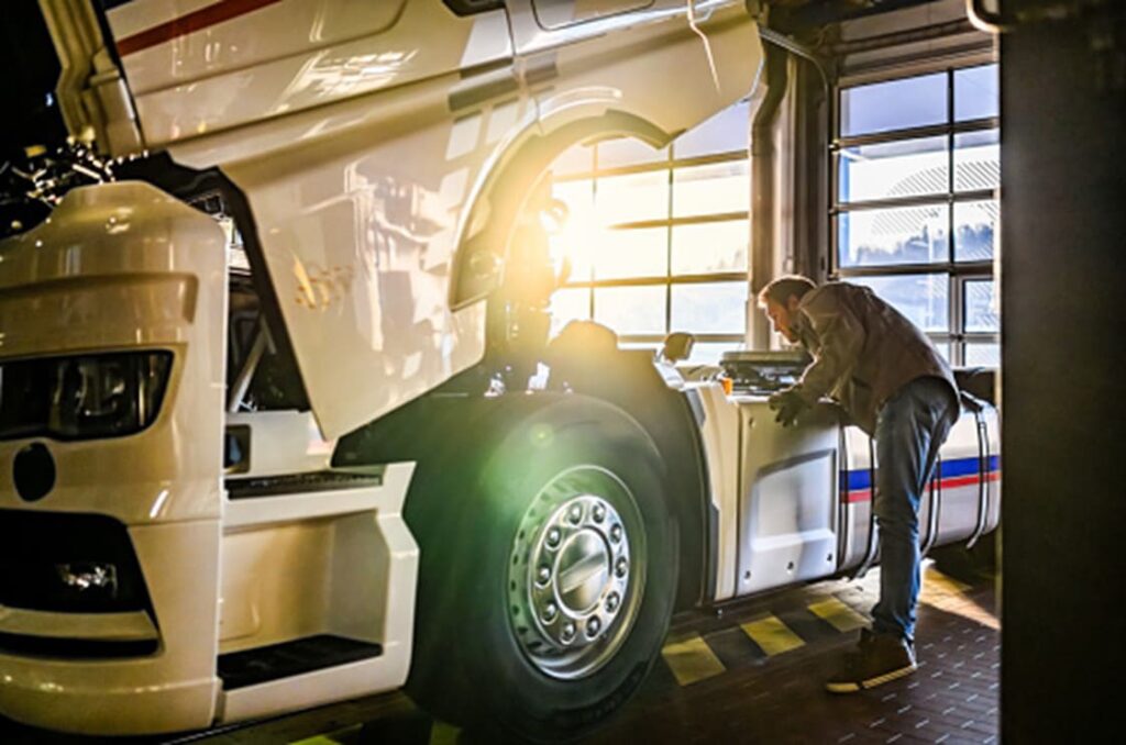 A truck has met with an accident and is being repaired in Las Vegas, NV