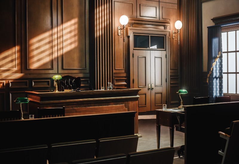 Interior view of a traditional wooden courtroom in Las Vegas, NV